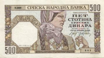Szerbia/német megszállás 1941. 500D jugoszláv bankjegy vízjel:női fej T:II