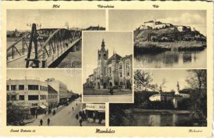 1940 Munkács, Mukacheve, Mukacevo; híd, Városháza, vár, Szent István út, üzletek, Kolostor / bridge, town hall, castle, street view, shops, monastery (ázott sarok / wet corner)