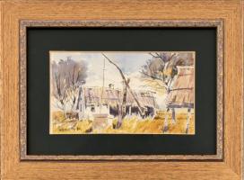 Németh Mátyás (1939-): Ház gémeskúttal. Akvarell, papír, jelzett. Dekoratív üvegezett fa keretben, 12,5x22 cm
