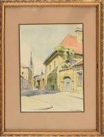 Bajor Ágost (1892-1958): Esztergomi utca. Tus, akvarell, papír, jelzett, üvegezett fa keretben, 27,5×20 cm