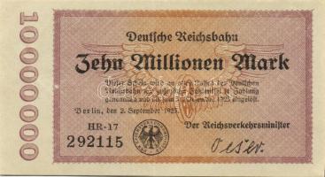 Német Birodalom/Weimari Köztársaság/Német Birodalmi Vasutak/Berlin 1923. 10.000.000M T:II