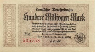 Német Birodalom/Weimari Köztársaság/Német Birodalmi Vasutak/Berlin 1923. 100.000.000M T:II