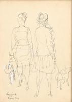 Demjén Attila (1926-1973): Kutyasétáltatók, Róma, 1962. Tus, papír, jelzett. Kétoldalas mű, hátoldalán: Hölgyek kutyákkal, tus, papír, jelzett. Üvegezett fa keretben. 20,5x15 cm