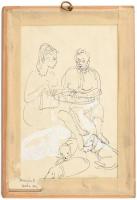 Demjén Attila (1926-1973): Kutyasétáltatók, Róma, 1962. Tus, papír, jelzett. Kétoldalas mű, hátoldal...