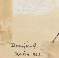 Demjén Attila (1926-1973): Kutyasétáltatók, Róma, 1962. Tus, papír, jelzett. Kétoldalas mű, hátoldal...