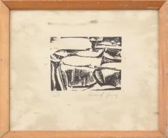 Lóránt János Demeter(1938-): Tél. Linómetszet, papír, jelzett. Kissé foltos. Üvegezett fa keretben. 8x10 cm
