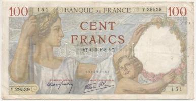 Franciaország 1942. 100Fr T:III szakadások, tűlyuk  France 1942. 100 Francs C:F tears, needle hole
