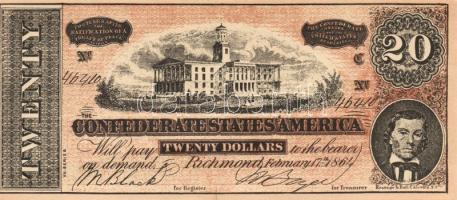 Amerikai Konföderált Államok 1864. 20$ facsimile kiadás T:II+ Csak egyszer hajtva!