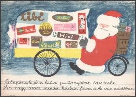 Villamosplakát: Télapónak jó a kedve, puttonyában édes terhe..., Tibi, Julia, Jutka, stb. 33,5×24 cm