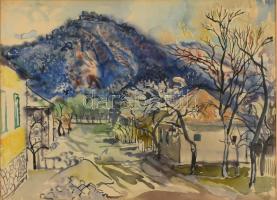 Demjén Attila (1926-1973): Sümegi vár, 1968. Akvarell, papír, jelzett. Üvegezett fa keretben. 35x50 cm