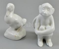 Herendi majom és kacsa figurák. Fehér mázas, jelzett, hibátlan 7 cm, 6,5 cm