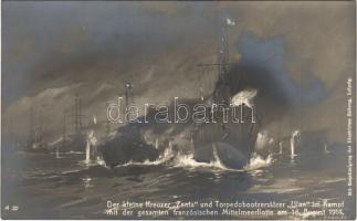 Der kleine Kreuzer Zenta und Torpedobootzerstörer Ulan im Kampf mit der gesamten französischen Mittelmeerflotte am 16. August 1914. / Osztrák-Magyar Haditengerészet Zenta védett cirkálója és az Ulan torpedóromboló (Zerstörer) harca a francia mediterrán flottával / WWI Austro-Hungarian Navy art postcard, K.u.K. Kriegsmarine, SMS Zenta protected cruiser and SMS Ulan torpedo destroyer againts the French Mediterranean Fleet s: Harry Heusser