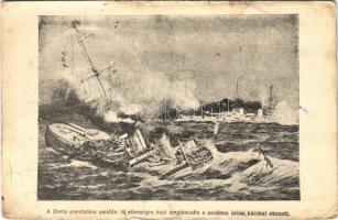 A Zenta pusztulása, amidőn 16 ellenséges hajó megtámadta, s azokban óriási károkat okozott. Gringlinger J. kiadása / WWI Austro-Hungarian Navy art postcard, K.u.K. Kriegsmarine, sinking of SMS Zenta armored cruiser (EB)