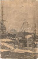 1928 Italian art postcard, submarine and battleships (vágott / cut)