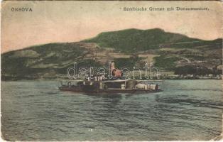 1909 Orsova, Serbische Grenze mit Donaumonitor / Szerb határ dunai monitorral / Austro-Hungarian Navy, Danube Fleet River Guard ship near the Serbian border (szakadás / tear)