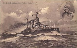 SMS Dreadnought "Viribus Unitis" / SMS Viribus Unitis az Osztrák-Magyar Haditengerészet Tegetthoff-osztályú csatahajója, Ferenc József / Austro-Hungarian Navy art postcard, K.u.K. Kriegsmarine SMS Viribus Unitis Tegetthoff-class dreadnought battleship, Franz Joseph I of Austria. C. Fano, Pola 1911. 3811. s: Ed. Dworak (EB)