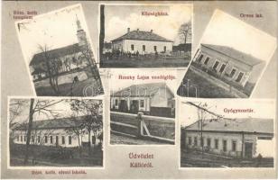 1913 Kálló, Római katolikus elemi iskola és templom, községháza, orvos lak, gyógyszertár, Heszky Lajos vendéglője