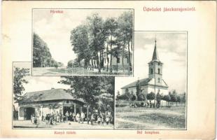 1912 Jászkarajenő, Fő utca, Református templom, Kanyó Albert üzlete az arany kakashoz és saját kiadása (EK)