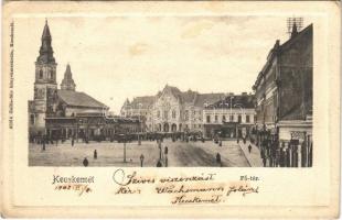 1902 Kecskemét, Fő tér, templom, piac, Pintér B., Katona Dezső és Pollák Lajos üzlete, gyógyszertár. Gallia-féle kiadása (EK)