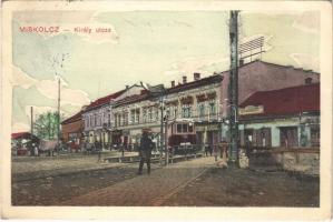 1912 Miskolc, Király utca, villamos, Erzsébet szálloda és kávéház, Lichtenstein László üzlete, gyógyszertár, piac (EK)