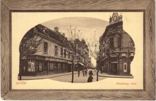 1910 Győr, Kazinczy utca, Fiume Kávéház, óra és ékszer raktár, fagylalt, üzletek (EK)