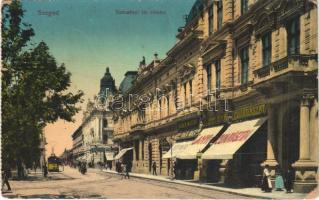 1912 Szeged, Széchenyi tér, Lányi János cukrászata, Wéber Mátyás szabó üzlete, gyógyszertár, villamos (fa)