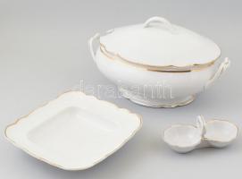 Zsolnay porcelán edények (3 db): nagyméretű levesestál (kis repedéssel), húsos tál (lepattanással), só- és borstartó. Jelzettek, kisebb kopásokkal.