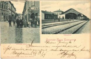 1899 (Vorläufer) Nagykanizsa, Nagy Kanizsa; vasútállomás a faszerkezetes váróval, vonat, pályaudvar, Városház utca, Unger Ullmann Elek üzlete, Alt és Böhm fióküzlete és saját kiadása (szakadások / tears)