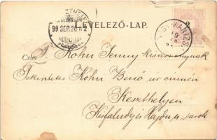 1899 (Vorläufer) Nagykanizsa, Nagy Kanizsa; vasútállomás a faszerkezetes váróval, vonat, pályaudvar,...