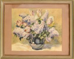 Edvi Illés Panni (1897-1978): Virágcsendélet. Akvarell, papír, jelzett, üvegezett fa keretben, 48,5×61 cm