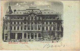1898 (Vorläufer) Pécs, Takarékpénztár este, építkezés. Blancz József kiadása + BROOD - BUDAPEST 31. SZ. mozgóposta (EK)
