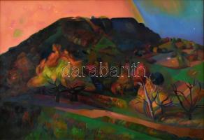 Ránics László (?-): Hegyek között, 1987. Olaj, vászon, jelzett. Kissé sérült (felüleit festék hiányokkal). Fa keretben, 55×80 cm