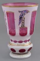 Antik papagájos dekoratív üvegpohár, anyagában színezett, kézzel festett, hámozott. Jelzés nélkül, k...