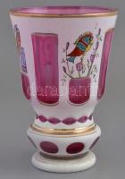 Antik papagájos dekoratív üvegpohár, anyagában színezett, kézzel festett, hámozott. Jelzés nélkül, k...