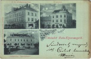 1900 Zalaegerszeg, Zala-Egerszeg; M. kir. pénzügyigazgatóság, új városház, takarékpénztár, este. Breisach Sámuel kiadása, floral (EK)