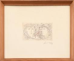 Kass János (1927-2010): Barátnők. Rézkarc, papír, jelzett, üvegezett fa keretben, 8,5x14,5 cm.