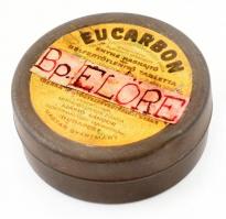 cca 1930-1940 Eucarbon hashajtó és bélfertőtlenítő tabletta fém gyógyszeres doboz, fedelén Bp. előre címkével, belső felén használati leírással. d: 7 cm