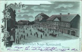 1900 Nagykanizsa, Fő utca, Milhofer Ödön, Pollak és Irmler József üzlete. Schless Antal kiadása. Art Nouveau ezüstös litho. Pick Testvérek (EK)