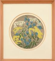 N. Fekete Mária (1942-): Nyári virágok. Linómetszet, papír, jelzett, számozott (100/32), üvegezett fa keretben, d: 26,5 cm