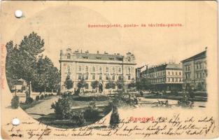 1902 Szeged, Széchenyi tér, posta és távirda palota, Mayer Ferdinánd és Fia üzlete. Traub B. és Társa kiadása (lyukasztott / punched holes)