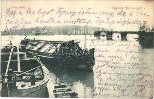 1909 Szolnok, Tisza részlet, halászbárka, Julcsa csónak, a jégzajlásban ledőlt híd a háttérben