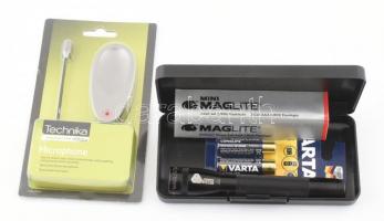 Maglite zseblámpa dobozával, leírással, új elemekkel, Technika mikrofon dobozában.
