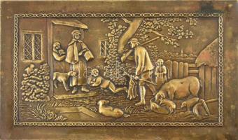 Nagy méretű,, réz domborműves kekszes doboz 19x11x11 cm, + 32 db régi fém doboz  Singer. Török pipad...