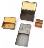 Nagy méretű,, réz domborműves kekszes doboz 19x11x11 cm, + 32 db régi fém doboz  Singer. Török pipad...