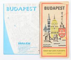 cca 1980 Budapest térkép, rajta légifelvétel-szerű illusztrációkkal, Bp., MALÉV, 97x66 cm +1975 Budapest térkép, utcanévjegyzékkel, Bp., Cartographia, foltos, 80x91 cm, (teljes: 80x117 cm.)