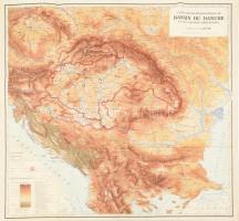 1943 Carte oro-hydrographique du Bassin du Danube et des régions limitrophes, 1:1.600.000, francia nyelven rajta a történelmi Magyarország határaival, és Magyarország határaival a délvidék visszatérése után, 86x89 cm