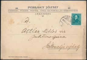 1936 Jászapáti, Perlaky József csemege-, fűszer-, festék-, stb. kereskedésének fejléces levelezőlapja