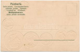 Osztrák-Magyar pénzérmék osztrák kiadási, ezüstözött és aranyozott dombornyomott, litográf képeslap,...