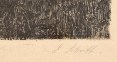 E. Schott jelzéssel: Am Waldrand (Erdőszélen). Rézkarc, papír, jelzett. Üvegezett, aranyozott fa ker...