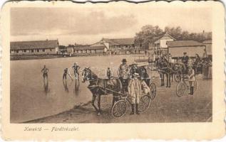 Gyopáros-fürdő (Orosháza); Kerektó fürdő, lovaskocsik,  kerékpárosok + "GYOPÁROS-FÜRDŐ POSTAI ÜGYN." (EB)